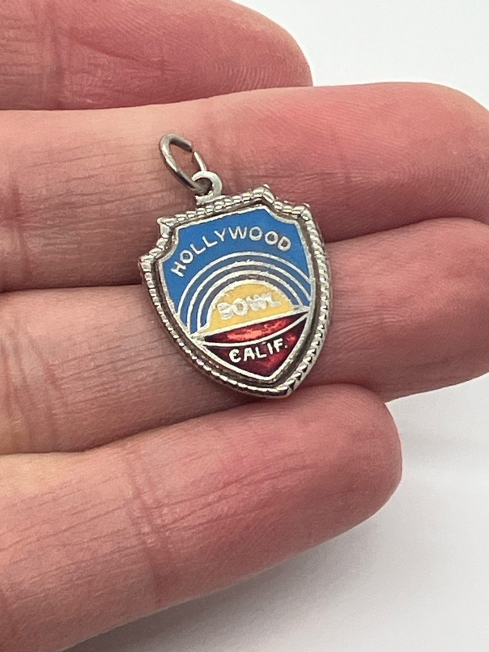 Vtg 925 Sterling Silver Enamel Hollywood Bowl California Souvenir Shield Charm - Picture 3 of 6